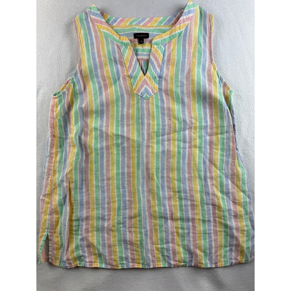 Talbots Striped Sleeveless Top Pastel Colors‎ V-Neck Casual Blouse Size S